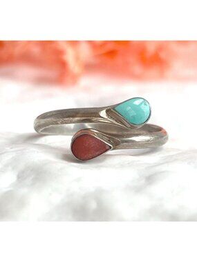 Coral & Turquoise Teardrop Southwest Navajo Sterling Silver 925 Vintage Ring